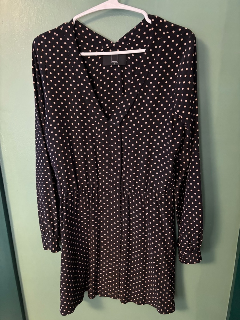 Dolce Vita Black Long Sleeve V-Neck Dress with Cream Polka Dots